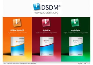 PRINCE2 Agile (P2A)
Dynamic Systems Development Method (DSDM)
Agile Programme Management (AgilePgM)
Agile Project Management (AgilePM)
Agile Unified Process (AUP)
Open Unified Process (OpenUP)
Large-scale Scrum (LeSS)
Scaled Agile Framework (SAFe)
Disciplined Agile Delivery (DAD)
Scrum at Scale (Scrum@Scale)
Scrum-of-Scrums
…
Scrum
Lean software development
Kanban (process + method)
Extreme Programming (XP)
Continuous Integration (CI)
Continuous Delivery (CD)
Feature-driven development (FDD)
Test Driven Development (TDD)
Crystal Clear
…
Fuller Approaches
(scalable to more than one team)
Lightweight Approaches
(mostly one team)
M01 - Defining programme management and AgilePgM 8/30 | 19/182
 