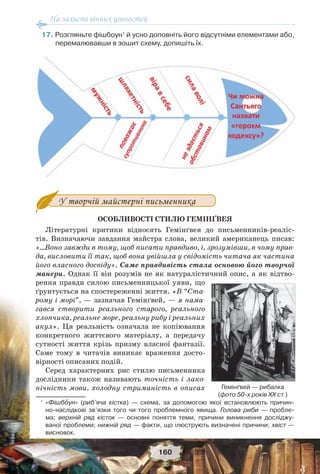 На захисті вічних цінностей
160
17.Розгляньте фішбоун1
й усно доповніть його відсутніми елементами або,
перемалювавши в зошит схему, допишіть їх.
У творчій майстерні письменника
ОСОБЛИВОСТІ СТИЛЮ ГЕМІНҐВЕЯ
Літературні критики відносять Гемінґвея до письменників-реаліс-
тів. Визначаючи завдання майстра слова, великий американець писав:
«…Воно завжди в тому, щоб писати правдиво, і, зрозумівши, в чому прав-
да, висловити її так, щоб вона увійшла у свідомість читача як частина
його власного досвіду». Саме правдивість стала основою його творчої
манери. Однак її він розумів не як натуралістичний опис, а як відтво-
рення правди силою письменницької уяви, що
ґрунтується на спостереженні життя. «В “Ста-
рому і морі”, — зазначав Гемінґвей, — я нама-
гався створити реального старого, реального
хлопчика, реальне море, реальну рибу і реальних
акул». Ця реальність означала не копіювання
конкретного життєвого матеріалу, а передачу
сутності життя крізь призму власної фантазії.
Саме тому в читачів виникає враження досто-
вірності описаних подій.
Серед характерних рис стилю письменника
дослідники також називають точність і лако-
нічність мови, холодну стриманість в описах
1
«Фішбîун» (риб’яча кістка) — схема, за допомогою якої встановлюють причин-
но-наслідкові зв’язки того чи того проблемного явища. Голова риби — пробле-
ма; верхній ряд кісток — основні поняття теми, причини виникнення досліджу-
ваної проблеми; нижній ряд — факти, що ілюструють визначені причини; хвіст —
висновок.
Гемінґвей — рибалка
(фото 50-х років ХХ ст.)
 