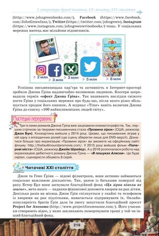 З літератури другої половини ХХ–початку XXI століття
219
(http://www.johngreenbooks.com/), Facebook (https://www.facebook.
com/JohnGreenfans/), Twitter (https://twitter.com/johngreen), Іnstagram
(https://www.instagram.com/johngreenwritesbooks/) тощо. У соціальних
мережах митець має мільйони підписників.
Успішна письменницька кар’єра та активність в Інтернет-просторі
зробили Джона Ґріна надзвичайно впливовою людиною. Блогери запро-
вадили термін «ефект Джона Ґріна». Так називають наслідки свіжого
поста Ґріна у соціальних мережах про будь-що, після якого різко збіль-
шується продаж його книжок. А журнал «Time» навіть включив Джона
Ґріна до списку «100 найвпливовіших людей світу».
Читачеві ХХІ століття
Джон та Генк Ґріни — відомі філантропи, вони активно займаються
соціально важливою діяльністю. Так, разом із батьками померлої від
раку Естер Ерл вони заснували благодійний фонд «Ця зірка ніколи не
згасне», мета якого — надання фінансової допомоги хворим на рак дітям.
Декілька разів на місяць Джон Ґрін спілкується у скайпі та телефоном
із хворими на рак підлітками, намагається підтримувати їх. Онлайн-
популярність братів Ґрін дала їм змогу запустили благодійний проєкт
Project for Awesome (http://www.projectforawesome.com/). Його учасни-
ки створюють відео, у яких закликають пожертвувати гроші у той чи ін-
ший благодійний фонд.
Три із семи романів Джона Ґріна вже зацікавили кінематографістів. Так, пер-
шою стрічкою за творами письменника стала «Провина зірок» (США, режисер
Джон Бун). Кінокартина вийшла у 2014 році. Цікаво, що письменник зіграв у
ній одну з епізодичних ролей (цю сцену зберегли лише для DVD-версії). Дізна-
тися більше про екранізацію «Провини зірок» ви зможете на офіційному сайті
фільму: http://thefaultinourstarsmovie.com/. У 2015 році вийшов фільм «Папе-
рові міста» (США, режисер Джейк Шрейєр). А у 2018 розпочалася робота над
екранізацією дебютного роману Джона Ґріна — «В пошуках Аляски». Це буде
серіал, сценаристи обіцяють 8 серій.
ТрТТТТТТТТТТТТ и із семи романів Джона
шою стрічкою за творами пис
Ìèñòåöüêi ïåðåäçâîíè
 