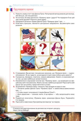 Руйнуючи канони і створюючи нове
220
1. Поясніть назву статті про Джона Ґріна «Популярний автор романів для молоді,
або Більше, ніж письменник».
2. Чи хотілось би вам прочитати «Провину зірок» удруге? Чи порадили б ви цей
твір своїм друзям? Поясніть свою думку.
3. Продовжте речення «Роман Джона Ґріна “Провина зірок” про …».
4. Розв’яжіть кроссенс. Визначте центральне зображення. Аргументуйте своє
рішення.
5. У передмові «Від автора» письменник зазначає, що «Провина зірок» — худож-
ній вимисел. Як ви гадаєте, ця вигадана історія сама собою щось важить?
6. У романі ви, ймовірно, помітили, чимало афоризмів. Назвіть та прокоментуй-
те такі, що вам найбільше запам’яталися.
7. Ознайомтеся із відгуками читачів про «Провину зірок», що розміщені на офі-
ційному сайті письменника. Який з них вас найбільше вразив? Підготуйте свій
відгук про цю книжку, представте його у класі.
8. За романом «Провина зірок» напишіть твір-роздум на одну із тем:
«Читаючи роман Джона Ґріна “Провина зірок” я замислився/замислилася
про …»;
«У чому секрет популярності творів Джона Ґріна?»;
«Бути дорослим — означає знати, в що віриш» — або запропонуйте свою
тему.
9. Подивіться кінострічку «Провина зірок» режисера Джона Буна. Порівняйте
її із твором.
10. Підготуйте інфоплакат/буктрейлер/мотиватор1
за твором.
1
Створити мотиватори можна за допомогою інтернет-ресурсу
https://bit.ly/2Q0oglf
Ïiäñóìîâóc-ìî âèâ÷åíå
1
4
7
2
5
8
3
6
9
 