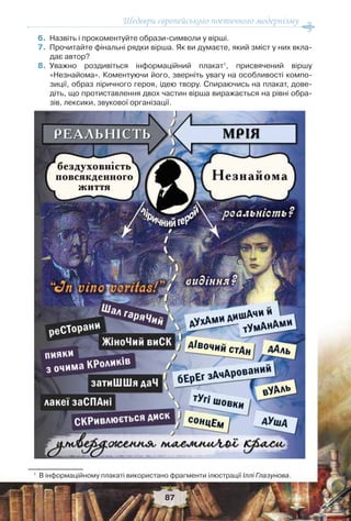 Шедеври європейського поетичного модернізму
87
6.Назвіть і прокоментуйте образи-символи у вірші.
7.Прочитайте фінальні рядки вірша. Як ви думаєте, який зміст у них вкла-
дає автор?
8.Уважно роздивіться інформаційний плакат1
, присвячений віршу
«Незнайома». Коментуючи його, зверніть увагу на особливості компо-
зиції, образ ліричного героя, ідею твору. Спираючись на плакат, дове-
діть, що протиставлення двох частин вірша виражається на рівні обра-
зів, лексики, звукової організації.
1
В інформаційному плакаті використано фрагменти ілюстрації Іллі Глазунова.
 