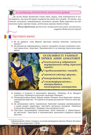 Шедеври європейського поетичного модернізму
95
1. Як ви думаєте, чому Марина Цвєтаєва назвала Ахматову «златоустою
Анною»?
2. За допомогою інформаційного плаката1
розкрийте основні особливості ран-
ньої лірики Анни Ахматової. Прокоментуйте їх на прикладі прочитаних вами
віршів.
3.Знайдіть в Інтернеті й прослухайте фрагмент «Реквієму» В.-А. Моцарта
(Lacrimosa). Порівняйте поетичний і музичний «Реквієми».
4. Літературознавець Борис Зайцев назвав «Реквієм» Анни Ахматової «мовчаз-
ним вироком звірству». Чи поділяєте ви думку дослідника? Поясніть свою від-
повідь.
5. За матеріалами сайтів, присвячених Ахматовій (зокрема рекомендованих
у цьому розділі підручника), підготуйте віртуальну екскурсію «Українські
стежини Анни Ахматової». Проведіть таку екскурсію в класі.
6. Підготуйте мультимедійну презентацію «Анна Ахматова в образотворчо-
му мистецтві». Простежте й прокоментуйте хронологію створення образів
мисткині.
1
Інформаційний плакат створено на основі репродукції картини Натана Альтмана
«Портрет Анни Ахматової» (1914).
Ïiäñóìîâóc-ìî âèâ÷åíå
ЗІ СКАРБНИЦІ ЛІТЕРАТУРНО-КРИТИЧНОЇ ДУМКИ
…За ім’ям Анни Ахматової стояв увесь народ, чим пояснюється її по-
пулярність, що дало їй право говорити від імені всіх людей… Її поезія, яку
читали, цькували, замуровували, належала людям. Вона дивилася на світ
спочатку крізь призму серця, потім крізь призму живої історії.
Йосип Бродський, російський і американський поет, письменник,
лауреат Нобелівської премії
 