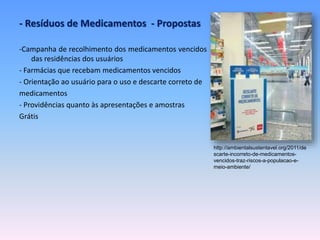 - Resíduos de Medicamentos - Propostas 
-Campanha de recolhimento dos medicamentos vencidos 
das residências dos usuários 
- Farmácias que recebam medicamentos vencidos 
- Orientação ao usuário para o uso e descarte correto de 
medicamentos 
- Providências quanto às apresentações e amostras 
Grátis 
http://ambientalsustentavel.org/2011/de 
scarte-incorreto-de-medicamentos-vencidos- 
traz-riscos-a-populacao-e-meio- 
ambiente/ 
 