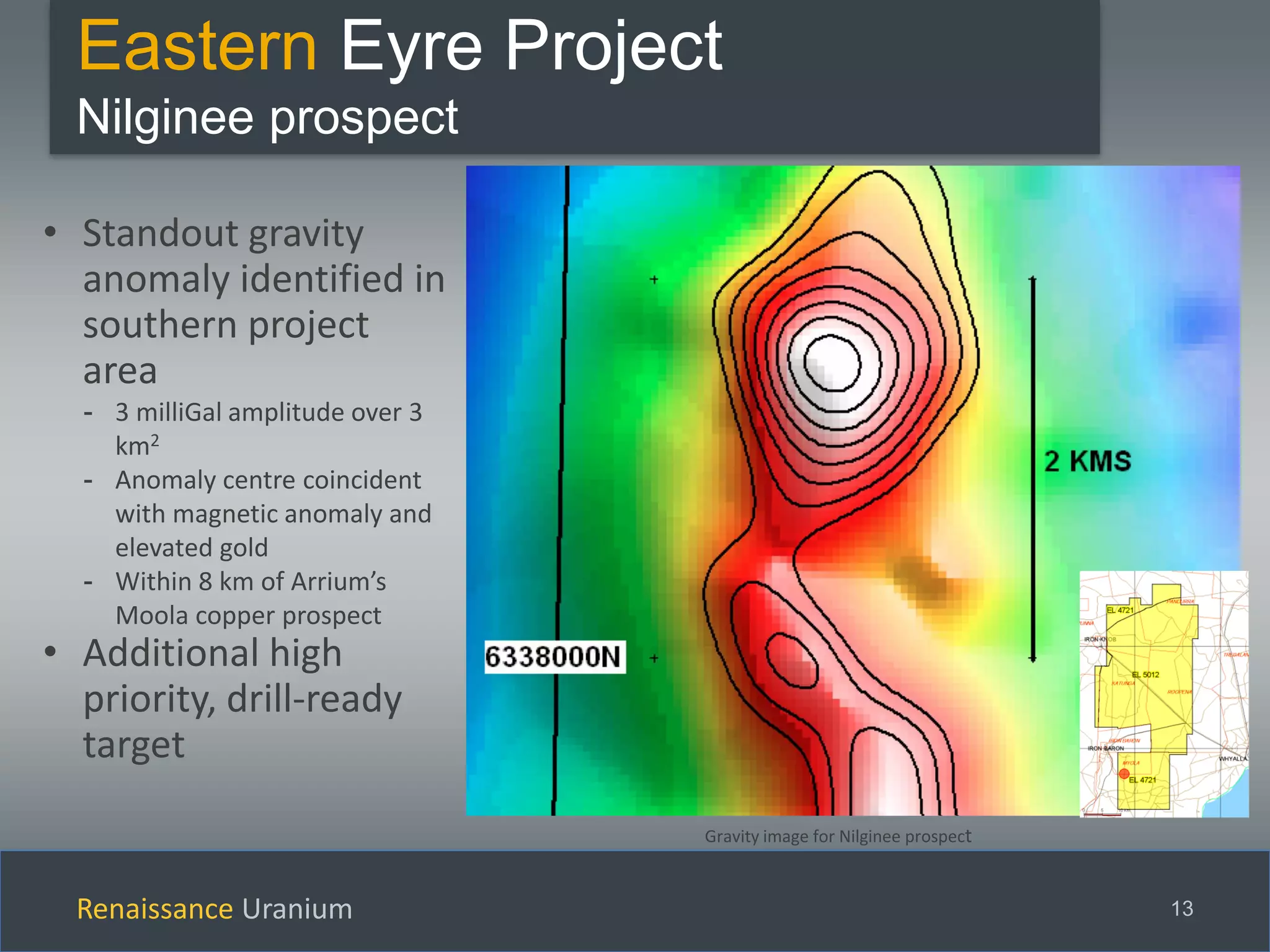 Renaissance Uranium 13
Eastern Eyre Project
Nilginee prospect
Gravity image for Nilginee prospect
• Standout gravity
anomaly identified in
southern project
area
- 3 milliGal amplitude over 3
km2
- Anomaly centre coincident
with magnetic anomaly and
elevated gold
- Within 8 km of Arrium’s
Moola copper prospect
• Additional high
priority, drill-ready
target
 