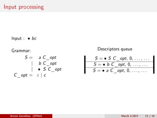 Input processing
Input : ∙ bc
Grammar:
S = a C_opt
| b C_opt
| ∙ S C_opt
C_opt = 𝜀 | c
Descriptors queue
S = ∙ S C_opt, 0, . . . , . . .
S = ∙ b C_opt, 0, . . . , . . .
S = ∙ a C_opt, 0, . . . , . . .
Artem Gorokhov (SPbU) March 4,2017 12 / 15
 