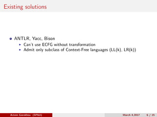 Existing solutions
ANTLR, Yacc, Bison
Can’t use ECFG without transformation
Admit only subclass of Context-Free languages (LL(k), LR(k))
Artem Gorokhov (SPbU) March 4,2017 6 / 15
 