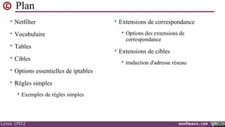 Plan
• Netfilter
• Vocabulaire
• Tables
• Cibles

• Extensions de correspondance


Options des extensions de
correspondance

• Extensions de cibles


traduction d'adresse réseau

• Options essentielles de iptables
• Règles simples


Exemples de règles simples

Linux LPIC2

noelmace.com

 