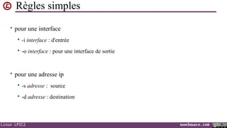 Règles simples
• pour une interface


-i interface : d'entrée



-o interface : pour une interface de sortie

• pour une adresse ip


-s adresse : source



-d adresse : destination

Linux LPIC2

noelmace.com

 