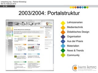 e-teaching.org – Partner-Workshop
09./10. Februar 2012
  3 / 15




                       2003/2004: Portalstruktur
                                          Lehrszenarien
                                          Medientechnik
                                          Didaktisches Design
                                          Organisation
                                          Aus der Praxis
                                          Materialien
                                          News & Trends
                                          Community
 