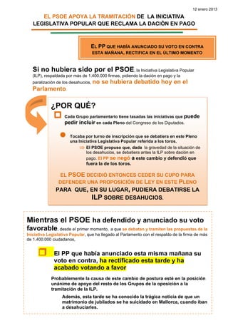12 enero 2013

      EL PSOE APOYA LA TRAMITACIÓN DE LA INICIATIVA
   LEGISLATIVA POPULAR QUE RECLAMA LA DACIÓN EN PAGO



                                 EL PP QUE HABÍA ANUNCIADO SU VOTO EN CONTRA
                                 ESTA MAÑANA, RECTIFICA EN EL ÚLTIMO MOMENTO



   Si no hubiera sido por el PSOE, la Iniciativa Legislativa Popular
   (ILP), respaldada por más de 1.400.000 firmas, pidiendo la dación en pago y la
   paralización de los desahucios, no   se hubiera debatido hoy en el
   Parlamento.

            ¿POR QUÉ?
                   Cada Grupo parlamentario tiene tasadas las iniciativas que puede
                   pedir incluir en cada Pleno del Congreso de los Diputados.

                      Tocaba por turno de inscripción que se debatiera en este Pleno
                      una Iniciativa Legislativa Popular referida a los toros.
                           ⇒ El PSOE propuso que, dada la gravedad de la situación de
                              los desahucios, se debatiera antes la ILP sobre dación en
                              pago. El PP se negó a este cambio y defendió que
                               fuera la de los toros.

                 EL PSOE DECIDIÓ ENTONCES CEDER SU CUPO PARA
                DEFENDER UNA PROPOSICIÓN DE LEY EN ESTE PLENO
               PARA QUE, EN SU LUGAR, PUDIERA DEBATIRSE LA
                         ILP SOBRE DESAHUCIOS.


Mientras el PSOE ha defendido y anunciado su voto
favorable       , desde el primer momento, a que se debatan y tramiten las propuestas de la
Iniciativa Legislativa Popular, que ha llegado al Parlamento con el respaldo de la firma de más
de 1.400.000 ciudadanos,


              El PP que había anunciado esta misma mañana su
              voto en contra, ha rectificado esta tarde y ha
              acabado votando a favor
            Probablemente la causa de este cambio de postura esté en la posición
            unánime de apoyo del resto de los Grupos de la oposición a la
            tramitación de la ILP.
                  Además, esta tarde se ha conocido la trágica noticia de que un
                  matrimonio de jubilados se ha suicidado en Mallorca, cuando iban
                  a desahuciarles.
 