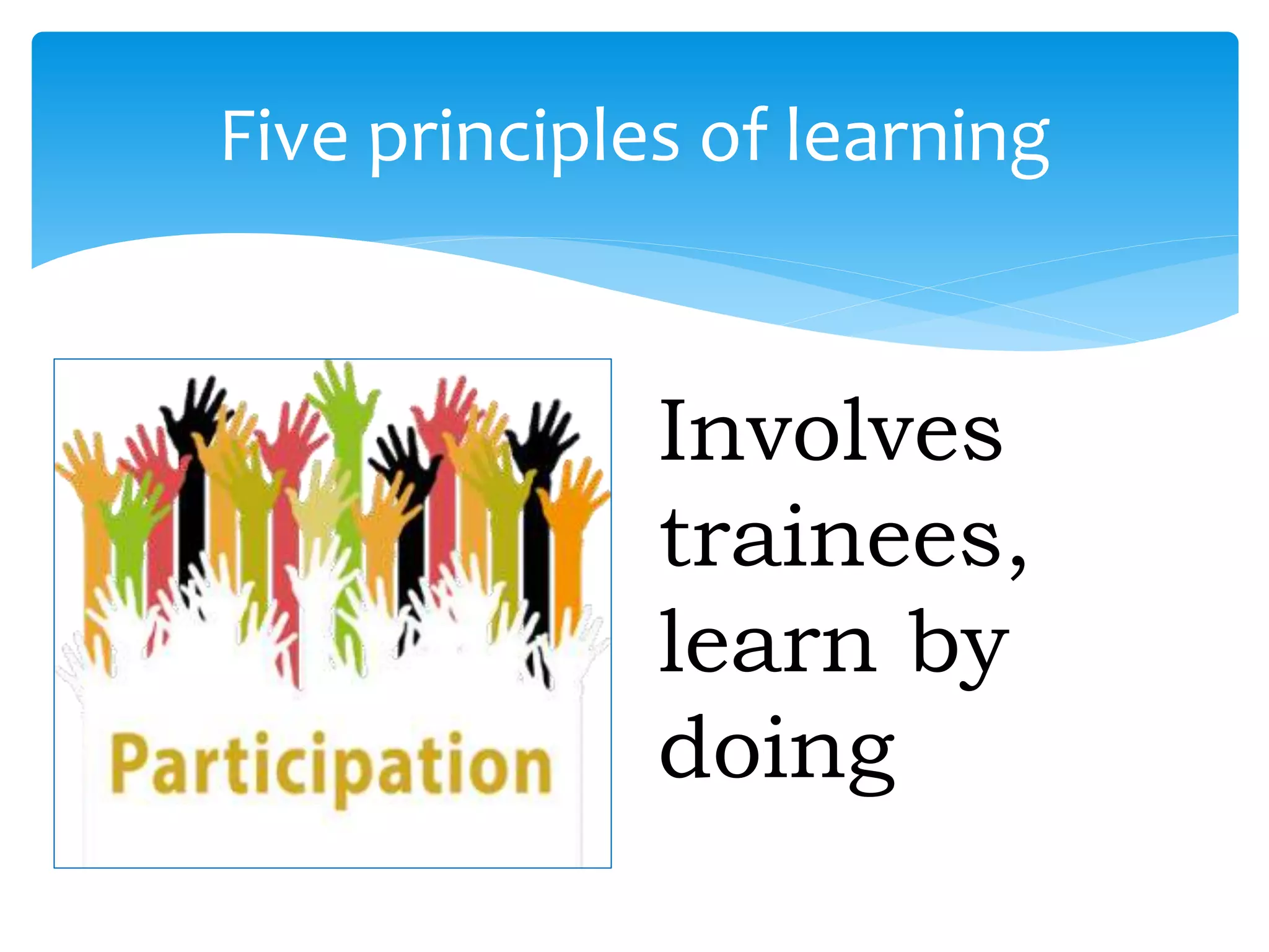 Five principles of learning
Involves
trainees,
learn by
doing
 