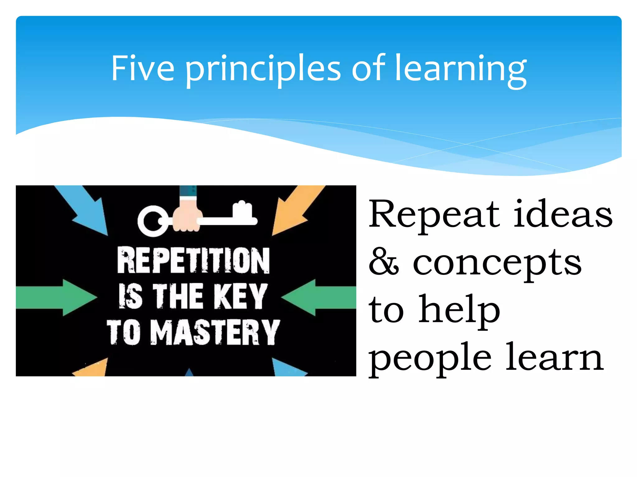 Five principles of learning
Repeat ideas
& concepts
to help
people learn
 