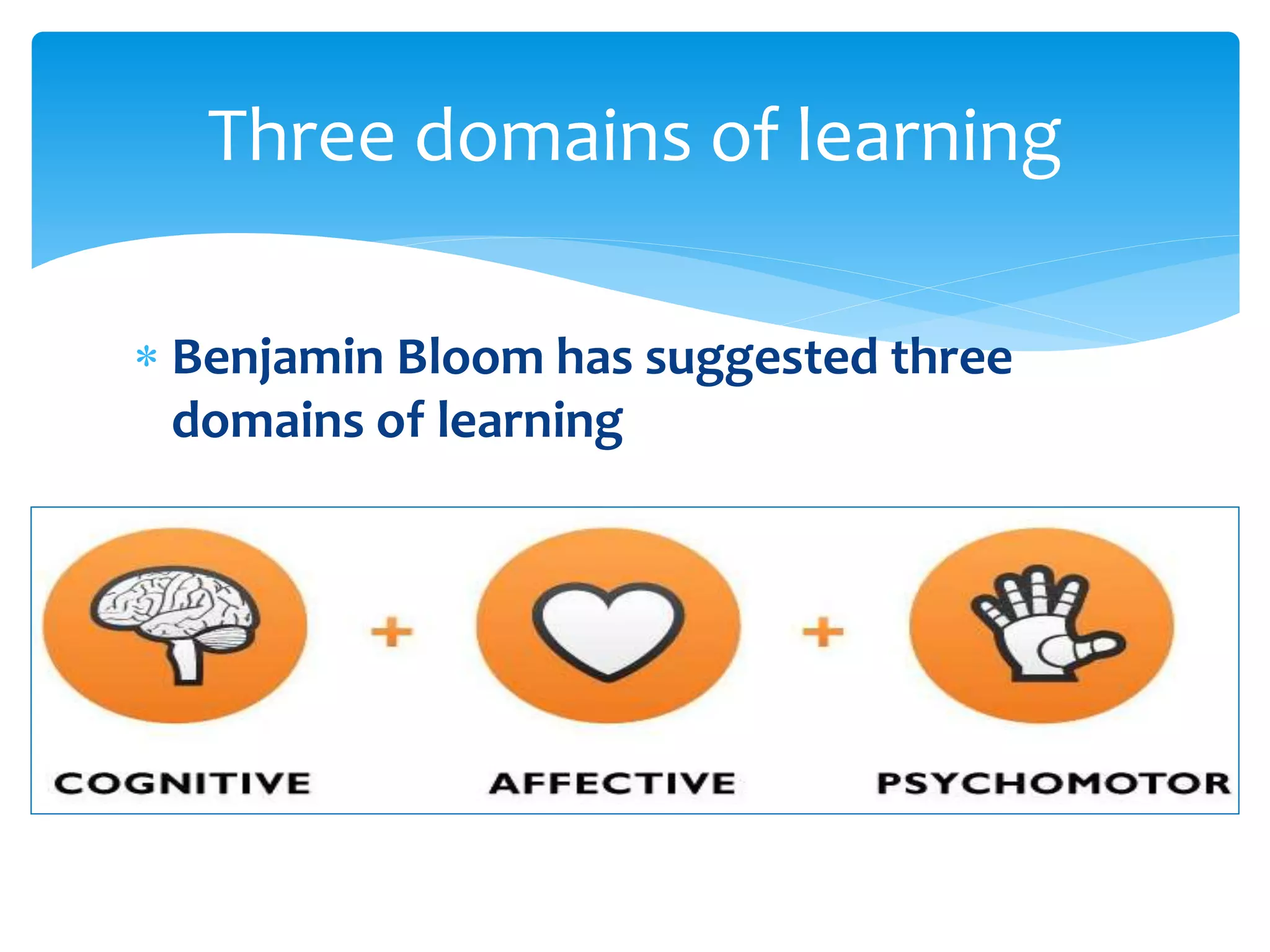  Benjamin Bloom has suggested three
domains of learning
Three domains of learning
 