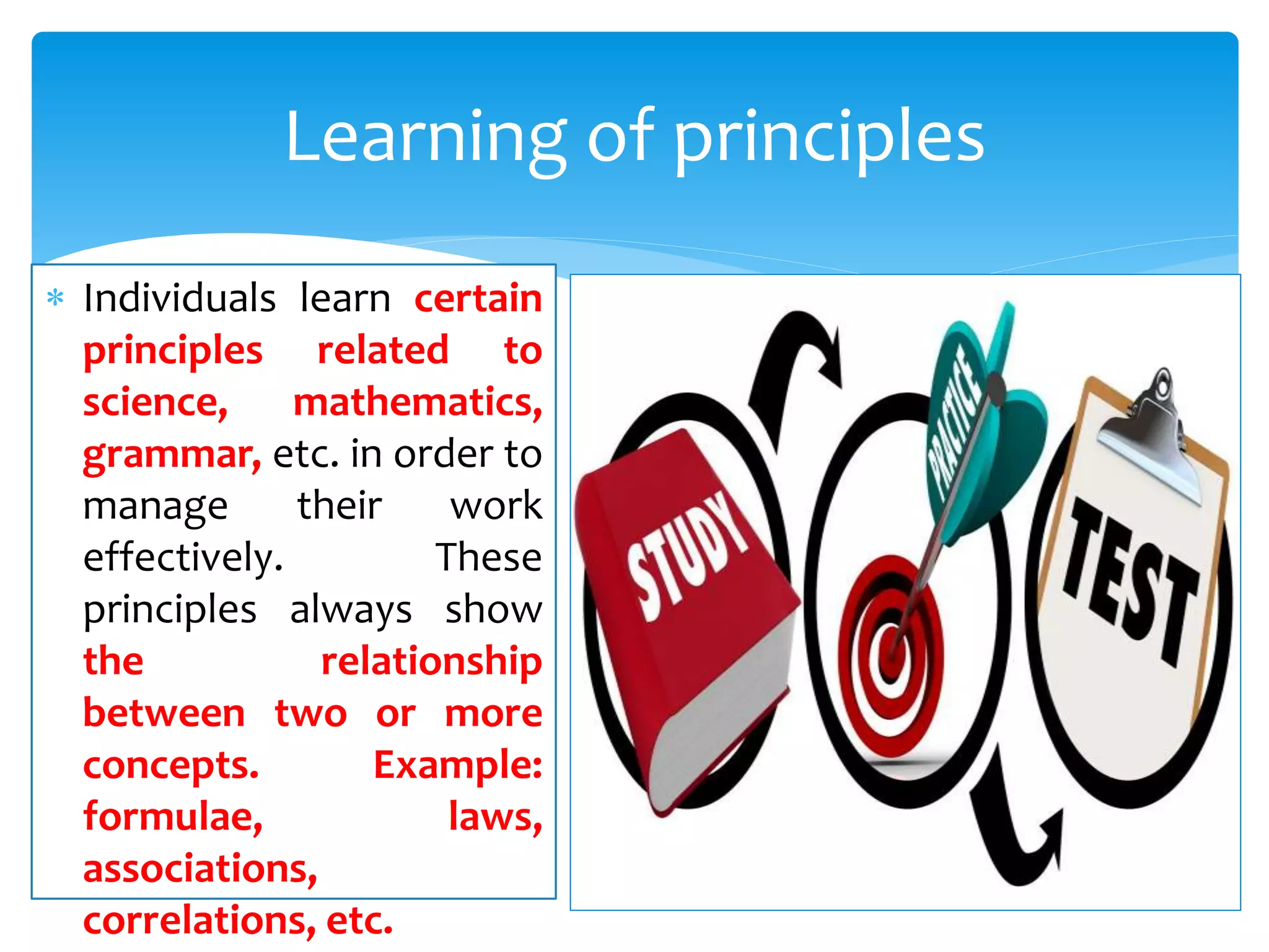 Individuals learn certain
principles related to
science, mathematics,
grammar, etc. in order to
manage their work
effectively. These
principles always show
the relationship
between two or more
concepts. Example:
formulae, laws,
associations,
correlations, etc.
Learning of principles
 