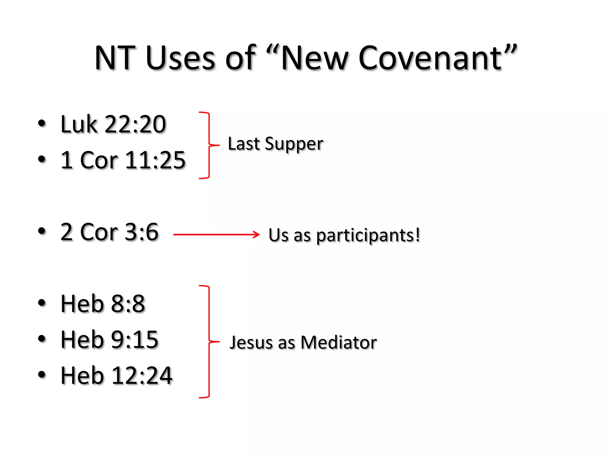 NT Uses of “New Covenant”
• Luk 22:20
                Last Supper
• 1 Cor 11:25

• 2 Cor 3:6         Us as participants!


• Heb 8:8
• Heb 9:15      Jesus as Mediator
• Heb 12:24
 