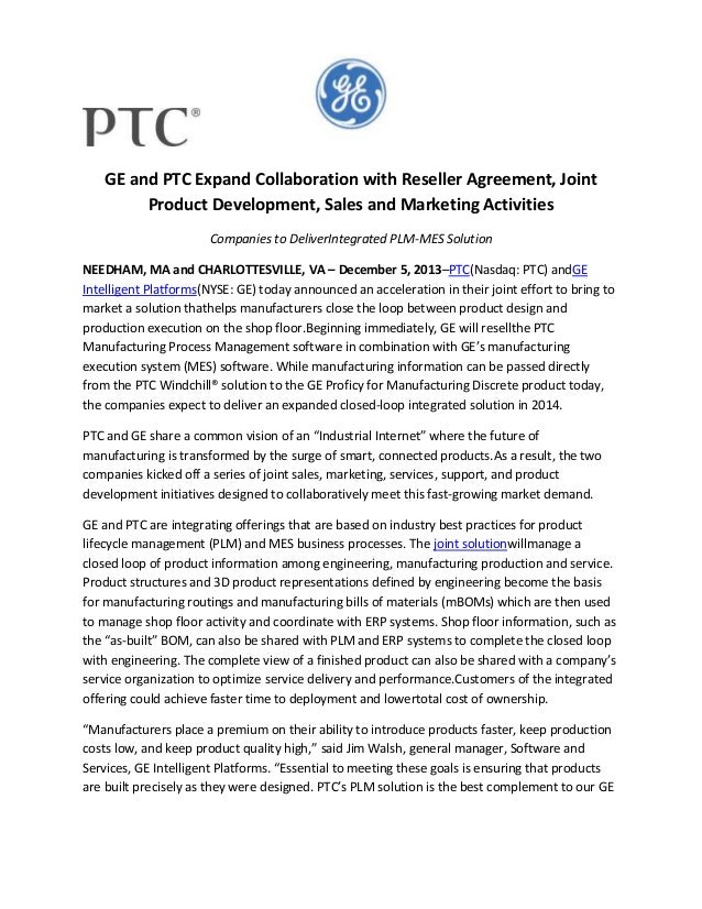 Ge And Ptc Expand Collaboration With Reseller Agreement Joint Produc Joint Product Development Agreement Template