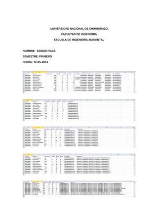 UNIVERSIDAD NACIONAL DE CHIMBORAZO
FACULTAD DE INGENIERIA
ESCUELA DE INGENIERIA AMBIENTAL
NOMBRE: EDISON VACA
SEMESTRE: PRIMERO
FECHA: 12-05-2014
 
