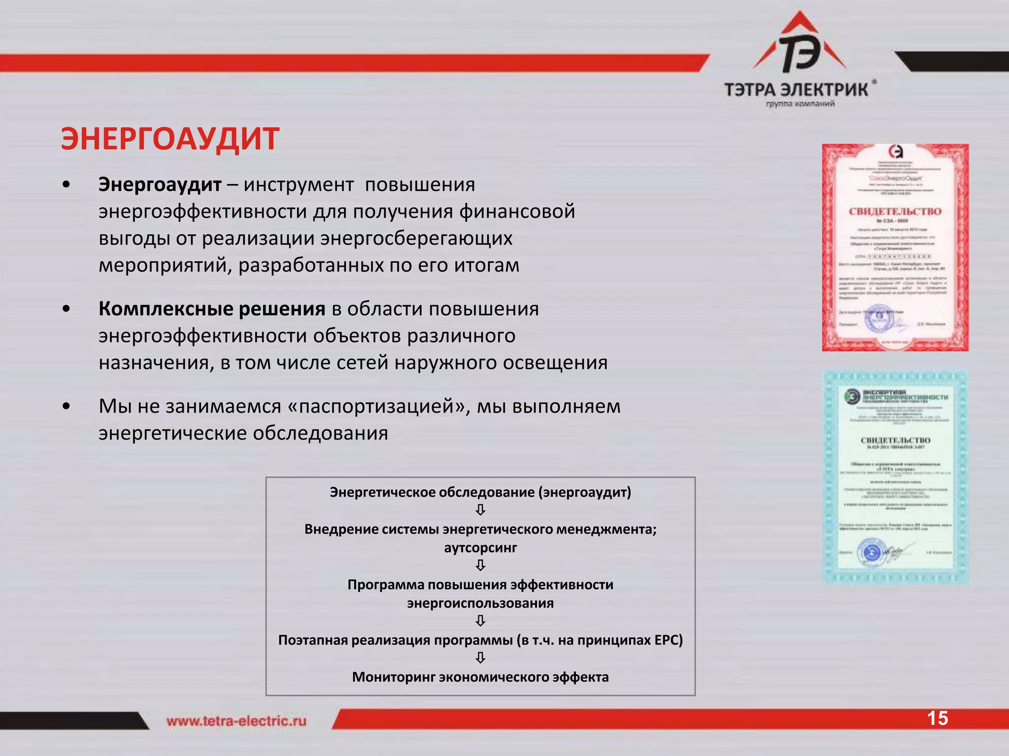 ЭНЕРГОАУДИТ
•   Энергоаудит – инструмент повышения
    энергоэффективности для получения финансовой
    выгоды от реализации энергосберегающих
    мероприятий, разработанных по его итогам
•   Комплексные решения в области повышения
    энергоэффективности объектов различного
    назначения, в том числе сетей наружного освещения
•   Мы не занимаемся «паспортизацией», мы выполняем
    энергетические обследования

                            Энергетическое обследование (энергоаудит)
                                                
                        Внедрение системы энергетического менеджмента;
                                            аутсорсинг
                                                
                              Программа повышения эффективности
                                      энергоиспользования
                                                
                     Поэтапная реализация программы (в т.ч. на принципах EPC)
                                                
                               Мониторинг экономического эффекта

                                                                                15
 