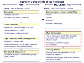 Common Components of the A3 Report
Plan
Do, Check, Act
Theme: “What is our area of focus?”
Background

Owner: Person accou...