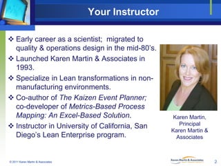 Your Instructor
 Early career as a scientist; migrated to
quality & operations design in the mid-80’s.
 Launched Karen M...