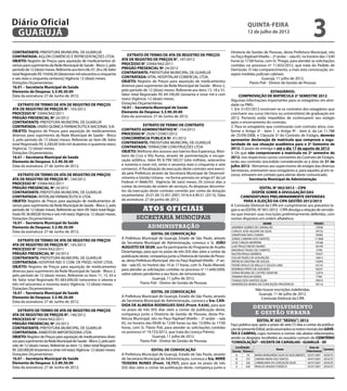 Diário Oficial
 GUARUJÁ
                                                                                                                                                              quinta-feira
                                                                                                                                                              12 de julho de 2012
                                                                                                                                                                                                             3
CONTRATANTE: PREFEITURA MUNICIPAL DE GUARUJÁ                                                                                                        Diretoria de Gestão de Pessoas, desta Prefeitura Municipal, sito
CONTRATADA: AGLON cOMÉRCIO E rEPRESENTAÇÕES lTDA.                             EXTRATO DE TERMO DE ATA DE REGISTRO DE PREÇOS                         no Paço Raphael Vitiello – 2º andar – sala 65, no horário das 13:00
OBJETO: Registro de Preços para aquisição de medicamentos di-              ATA DE REGISTRO DE PREÇOS N°. 147/2012                                   horas às 17:00 horas, com Sr. Thiago, para atender as solicitações
versos para suprimento da Rede Municipal de Saúde - Bloco 2, pelo          PROCESSO N° 33944/942/2011                                               contidas no processo nº 11.832/2012, que trata do Pedido de
período de 12 (doze) meses. Referente aos itens 06, 07, 26 e 28. Valor     PREGÃO PRESENCIAL Nº 24/2012                                             Demissão. O não comparecimento, a mais esta convocação, en-
total Registrado R$ 19.656,50 (dezenove mil seiscentos e cinquenta         CONTRATANTE: PREFEITURA MUNICIPAL DE GUARUJÁ                             sejará medidas judiciais cabíveis.		
e seis reais e cinquenta centavos); Vigência: 12 (doze) meses.             CONTRATADA: VITAL HOSPITALAR COMERCIAL LTDA.                                                 Guarujá, 11 julho de 2012.
Dotações Orçamentárias:                                                    OBJETO: Registro de Preços para aquisição de medicamentos                            Flavio Poli - Diretor de Gestão de Pessoas
16.01 – Secretaria Municipal de Saúde                                      diversos para suprimento da Rede Municipal de Saúde - Bloco 2,
Elemento de Despesa: 3.3.90.30.00                                          pelo período de 12 (doze) meses. Referente aos itens 13, 18 e 31.                                 ESTAGIÁRIOS:
Data da assinatura: 27 de Junho de 2012;                                   Valor total Registrado R$ 69.100,00 (sessenta e nove mil e cem                COMPROVAÇÃO DE MATRÍCULA 2º SEMESTRE 2012
                                                                           reais); Vigência: 12 (doze) meses.                                       Algumas informações importantes para os estagiários em ativi-
    EXTRATO DE TERMO DE ATA DE REGISTRO DE PREÇOS                          Dotações Orçamentárias:                                                  dade na PMG:
ATA DE REGISTRO DE PREÇOS N°. 143/2012                                     16.01 – Secretaria Municipal de Saúde                                    1. Em 31/07/2012 encerram-se os contratos dos estagiários que
PROCESSO N° 33944/942/2011                                                 Elemento de Despesa: 3.3.90.30.00                                        concluem seu curso (técnico ou universitário) de graduação em
PREGÃO PRESENCIAL Nº 24/2012                                               Data da assinatura: 27 de Junho de 2012;                                 2012. Portanto estão impedidos de continuarem seu estágio
CONTRATANTE: PREFEITURA MUNICIPAL DE GUARUJÁ                                                                                                        após o encerramento do contrato.
CONTRATADA: UNIÃO QUÍMICA FARMACEUTICA NACIONAL S/A.                                     EXTRATO DE TERMO DE CONTRATO                               2. Para os estagiários que continuarão com contrato ativo, con-
OBJETO: Registro de Preços para aquisição de medicamentos                  CONTRATO ADMINISTRATIVO N°. 154/2012                                     forme o Artigo 3º - item 1 e Artigo 9º - item 6, da Lei 11.788
diversos para suprimento da Rede Municipal de Saúde - Bloco                PROCESSO N° 2928/125987/2012                                             de 25/09/2008, e Cláusula 5º do Contrato de Estágio, deverão
2, pelo período de 12 (doze) meses. Referente ao item 08. Valor            CONCORRÊNCIA PUBLICA Nº. 01/2012                                         apresentar declaração de matrícula que comprove a regu-
total Registrado R$ 3.240,00 (três mil duzentos e quarenta reais);         CONTRATANTE: PREFEITURA MUNICIPAL DE GUARUJÁ                             laridade de sua situação acadêmica para o 2º Semestre de
Vigência: 12 (doze) meses.                                                 CONTRATADA: TERRACOM CONSTRUÇÕES LTDA                                    2012. O prazo de entrega é até o dia 17 de agosto de 2012.
Dotações Orçamentárias:                                                    OBJETO: Melhoria dos acessos aos bairros Boa Esperança, Mon-             3. Os que não comprovarem a matrícula no 2º semestre de
16.01 – Secretaria Municipal de Saúde                                      teiro da Cruz e Vila Aurea, através de pavimentação e recupe-            2012, nos respectivos cursos constantes do Contrato de Estágio,
Elemento de Despesa: 3.3.90.30.00                                          ração asfáltica.. Valor R$ 8.799.160,57 (oito milhões, setecentos        terão seu contrato rescindido considerando-se a data de 31 de
Data da assinatura: 27 de Junho de 2012;                                   e noventa e nove mil, cento e sessenta reais e cinquenta e sete          julho 2012. Alertamos aos supervisores de estágio das diversas
                                                                           centavos). A fiscalização da execução deste contrato será exerci-        Secretarias, orientarem seus estagiários e, para aqueles já em re-
    EXTRATO DE TERMO DE ATA DE REGISTRO DE PREÇOS                          da pela Prefeitura através da Secretaria Municipal de Desenvol-          cesso, entrarem em contato para alertar deste comunicado.
ATA DE REGISTRO DE PREÇOS N°. 144/2012                                     vimento e Gestão Urbana - na forma prevista no artigo 67 da Lei                      Secretaria Municipal de Administração
PROCESSO N° 33944/942/2011                                                 Federal nº 8666/93. Vigência: 06 (seis) meses, 05 (cinco) dias a
PREGÃO PRESENCIAL Nº 24/2012                                               contar da emissão de ordem de serviços; As despesas decorren-                              EDITAL N° 002/2012 – CIPA
CONTRATANTE: PREFEITURA MUNICIPAL DE GUARUJÁ                               tes da execução deste contrato correrão por conta da dotação                          DISPÕE SOBRE A DIVULGAÇÃO DAS
CONTRATADA: INTERLAB FARMACÊUTICA LTDA.                                    orçamentária: 25.01.00.15.451.2001.1016.4.4.90.51 (2513); Data                  CANDIDATURAS PRELIMINARMENTE DEFERIDAS
OBJETO: Registro de Preços para aquisição de medicamentos di-              da assinatura: 27 de junho de 2012;                                              PARA A ELEIÇÃO DA CIPA GESTÃO 2012/2013
versos para suprimento da Rede Municipal de Saúde - Bloco 2, pelo                                                                                   A Comissão Eleitoral da CIPA em cumprimento aos preceitos le-
período de 12 (doze) meses. Referente ao item 09. Valor total Regis-                     Atos oficiais                                              gais e ao EDITAL N° 001/2012 - CIPA divulga a relação de servido-
trado R$ 36.000,00 (trinta e seis mil reais); Vigência: 12 (doze) meses.                                                                            res que tiveram suas inscrições preliminarmente deferidas, com
Dotações Orçamentárias:                                                              secretaria municipais                                          nomes dispostos em ordem alfabética:
16.01 – Secretaria Municipal de Saúde                                                                                                                                      NOME                               PRONT.
Elemento de Despesa: 3.3.90.30.00                                                           administração                                           ANDRÉIA GOMES DE CARVALHO                                  12930
Data da assinatura: 27 de Junho de 2012;                                                                                                            CARLOS JOSE AGUIAR DA SILVA                                18732
                                                                                               EDITAL DE CONVOCAÇÃO                                 JONATHAN DIAS CHAVES                                       18382
                                                                           A Prefeitura Municipal de Guarujá, Estado de São Paulo, através          JORGE CAMARA DOS SANTOS                                   17.846
    EXTRATO DE TERMO DE ATA DE REGISTRO DE PREÇOS
                                                                           da Secretaria Municipal de Administração, convoca o Sr. JOÃO             JOSE CARLOS MOREIRA                                        19108
ATA DE REGISTRO DE PREÇOS N°. 145/2012                                                                                                              LUIZ PAULO NEVES NUNES                                     18194
                                                                           AUGUSTO DA SILVA, que foi participante do Programa de Auxílio
PROCESSO N° 33944/942/2011                                                                                                                          MAURILIO TADEU DE CAMPOS                                    2799
PREGÃO PRESENCIAL Nº 24/2012                                               Desemprego, para que no prazo de três (03) dias úteis a contar da
                                                                                                                                                    NILTON PAULO BARROS                                        19327
CONTRATANTE: PREFEITURA MUNICIPAL DE GUARUJÁ                               publicação deste, compareça junto a Diretoria de Gestão de Pesso-        OSCAR TADEU DE ASSUNÇÃO                                    14813
CONTRATADA: HOSPFAR IND. E COM. DE PROD. HOSP. LTDA.                       as, desta Prefeitura Municipal, sito no Paço Raphael Vitiello - 2º an-   PATRICIA CRISTINA DE SOUZA                                 19294
OBJETO: Registro de Preços para aquisição de medicamentos                  dar - sala 65, no horário das 14 às 17 horas, com Sr. Paulo Manoel,      PEDRO PAULO DE MELLO E SOUZA LIMA                          16155
diversos para suprimento da Rede Municipal de Saúde - Bloco 2,             para atender as solicitações contidas no processo nº 11.640/2009,        RODRIGO PINTO DE AZEVEDO                                   18231
                                                                           sobre valores pendentes a seu favor, de remuneração.	                    SONIA REGINA DE CASTRO SERAFIM                             12074
pelo período de 12 (doze) meses. Referente os itens 11, 15, 43 e                                                                                    TAMARA ROCHA VIEIRA                                         7785
44. Valor total Registrado R$ 683.690,00 (seiscentos e oitenta e                                Guarujá, 11 julho de 2012.                          THIAGO DOS SANTOS SILVA                                    18910
três mil seiscentos e noventa reais); Vigência: 12 (doze) meses.                        Flavio Poli - Diretor de Gestão de Pessoas                  VANDERLEIA MARIA DA CONCEIÇÃO PRUDENCIO                    18116
Dotações Orçamentárias:                                                                                                                                              Não houve inscrições indeferidas.
16.01 – Secretaria Municipal de Saúde                                                         EDITAL DE CONVOCAÇÃO
                                                                                                                                                                      Guarujá, 11 de julho de 2012.
Elemento de Despesa: 3.3.90.30.00                                          A Prefeitura Municipal de Guarujá, Estado de São Paulo, através
                                                                                                                                                                        Comissão Eleitoral da CIPA
Data da assinatura: 27 de Junho de 2012;                                   da Secretaria Municipal de Administração, convoca a Sra. CAN-
                                                                           DIDA DE ALMEIDA RODRIGUES DIAS (Pront. 9.636), para que
                                                                           no prazo de três (03) dias úteis a contar da publicação deste,
                                                                                                                                                                  desenvolvimento
    EXTRATO DE TERMO DE ATA DE REGISTRO DE PREÇOS
ATA DE REGISTRO DE PREÇOS N°. 146/2012                                     compareça junto a Diretoria de Gestão de Pessoas, desta Pre-                            e gestão urbana
PROCESSO N° 33944/942/2011                                                 feitura Municipal, sito no Paço Raphael Vitiello – 2º andar – sala                       EDITAL N° 027 "SEDGU"/ 2012
PREGÃO PRESENCIAL Nº 24/2012                                               65, no horário das 09:00 às 12:00 horas ou das 15:00hs às 17:00          Faço público que, após o prazo de sete (7) dias a contar da publica-
CONTRATANTE: PREFEITURA MUNICIPAL DE GUARUJÁ                               horas, com Sr. Flávio Poli, para atender as solicitações contidas        ção do presente Edital, serão exumados os restos mortais das GAVE-
CONTRATADA: ANBIOTON IMPORTADORA LTDA.                                     no processo nº 19.723/2012, que trata de Licença Prêmio.                 TAS E CAMPAS, cujos números e nomes vão abaixo relacionados,
OBJETO: Registro de Preços para aquisição de medicamentos diver-                               Guarujá, 11 julho de 2012.                           sendo os despojos recolhidos ao ossuário comum do CEMITÉRIO
sos para suprimento da Rede Municipal de Saúde - Bloco 2, pelo perí-                   Flavio Poli - Diretor de Gestão de Pessoas                   “CONSOLAÇÃO” - VICENTE DE CARVALHO - GUARUJÁ - SP.
odo de 12 (doze) meses. Referente ao item 12. Valor total Registrado                                                                                  Localização                                          Data de
R$ 320.000,00 (trezentos e vinte mil reais); Vigência: 12 (doze) meses.                        EDITAL DE CONVOCAÇÃO                                 Gaveta Número
                                                                                                                                                                                    Nome
                                                                                                                                                                                                         Falecimento
                                                                                                                                                                                                                       Carneira
Dotações Orçamentárias:                                                    A Prefeitura Municipal de Guarujá, Estado de São Paulo, através            A        59    MARIA MARGARIDA SILVA DO NASCIMENTO 02/07/2007    ADULTO
16.01 – Secretaria Municipal de Saúde                                      da Secretaria Municipal de Administração, convoca a Sra. MIRIE             B        337   SANDRA MARIA DOS SANTOS              04/07/2007   ADULTO
Elemento de Despesa: 3.3.90.30.00                                          TEIXEIRA NUNES (Pront. 10.757), para que no prazo de três                  B        356   CARMELINDA DA CONCEIÇÃO SILVA        05/07/2007   ADULTO
Data da assinatura: 27 de Junho de 2012;                                   (03) dias úteis a contar da publicação deste, compareça junto a            A        626   RINALDO MAGNO FONSECA                05/07/2007   ADULTO
 