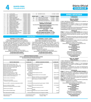 4                       quinta-feira
                               12 de julho de 2012
                                                                                                                                                                                            Diário Oficial
                                                                                                                                                                                             GUARUJÁ
   B       313    LUIZ DOS SANTOS                      05/07/2007    ADULTO           C        258   ANA MARIA DE SOUZA                   31/07/2007 ADULTO
   A
   A
           650
           587
                  JOSE GONÇALVES DA SILVA
                  GILBERTO SANTOS
                                                       06/07/2007
                                                       08/07/2007
                                                                     ADULTO
                                                                     ADULTO
                                                                                                                                                                             Atos oficiais
                                                                                    QUADRA CAMPA             NOME                      FALECIMENTO CARNEIRA
   A
   A
           652
           376
                  BRUNO DE AGUIAR SANTOS
                  ADENOR ALVES FERREIRA
                                                       09/07/2007
                                                       10/07/2007
                                                                     ADULTO
                                                                     ADULTO           EN       189   AMELIA DOS SANTOS PINHEIRO         07/07/2007   ADULTO
                                                                                                                                                                                        câmara
   C       249    SAMUEL CARNEIRO DE OLIVEIRA          10/07/2007    ADULTO           AN       044   ADALGISA MARIA DOS SANTOS          13/07/2007   ADULTO
                                                                                                                                                                                       MESA DA CÂMARA
   C       232    ANTONIO MODESTO FERREIRA DA SILVA    11/07/2007    ADULTO            P       014   BENEDITA MONTEIRO BERNARDO         15/07/2007   ADULTO
                                                                                      AN       124   JOSE FRANCISCO DOS SANTOS FILHO    26/07/2007   ADULTO
                                                                                                                                                                                        ATO Nº 054/2012
   C       231    RIVALDO DOS SANTOS                   11/07/2007    ADULTO
   C       237    MARCELO DE CASTRO SOUZA              12/07/2007    ADULTO                                                                                     A MESA DIRETORA DA CÂMARA MUNICIPAL DE GUARUJÁ, no
   C       236    ANTONIO DE SOUZA SOARES              18/07/2007    ADULTO                          Guarujá, 11 de julho de 2012.                              uso de suas atribuições legais, e
   C       242    ABELARDO RICARDO DOS SANTOS          18/07/2007    ADULTO                          ARMANDO LUIZ PALMIERI                                      CONSIDERANDO o que dispõe o artigo 37, II da Constituição
   C       247    DOMINGOS JOSE DOS SANTOS             19/07/2007    ADULTO           Secretário Municipal de Desenvolvimento E Gestão Urbana                   Federal, Resoluções nºs 030/91 e Leis Municipais nº 2.875/2001,
   C       241    WILSON JOSE DOS SANTOS               19/07/2007    ADULTO                          JORGE KOOZO KAMIMURA                                       3.195/2005 e 3.731/2009;
   B       194    MARIA DE LOURDES DA SILVA            22/07/2007    ADULTO                           Diretor de Gestão Urbana
   A       384    MARINEIDE PEREIRA DA SILVA           24/07/2007    ADULTO
                                                                                                                                                                CONSIDERANDO o disposto nos autos do processo administrativo
                                                                                                  SOLANGE ALVES RAMOS - P. 8298                                 nº 012/2010 e na Ordem de Serviço nº 002/2010; e
   A       685    ADRIANA DE TOLEDO                    25/07/2007    ADULTO
   C       255    JOSE INACIO DO COUTO                 25/07/2007    ADULTO                                   Escriturária                                      CONSIDERANDO ainda o Processo Administrativo nº 257/2012,
   B       303    MARIA CRISTINA FERNANDES DE ARAUJO   27/07/2007    ADULTO                         LUIZ CARLOS GODOI - P. 3842                                                            R E S O L V E:
   C       254    SELMIR FREITAS SANTOS FILHO          29/07/2007    ADULTO                    Dd. Supervisor do Cemitério Consolação                           Artigo 1º - Nomear a Senhora Neide da Silva para o Cargo em
   C       253    ROBERTO CARLOS ALBINO DA FONSECA     29/07/2007    ADULTO                  GERALDO GOMES DOS SANTOS - P. 12281                                Comissão de Assistente Parlamentar, Símbolo CC-3 do quadro
   C       260    LUCIANO SERGIO DE JESUS              30/07/2007    ADULTO                    Coordenador dos Cemitérios e Funerária                           de pessoal da Câmara Municipal de Guarujá, a partir de 10 de
                                                                                                                                                                julho de 2012.
                                                                    educação                                                                                    Artigo 2º - As despesas decorrentes da execução do presente
                                                                                                                                                                Ato correrão por conta das verbas próprias do orçamento vigen-
                   PORTARIA nº 21/2012- SEDUC                                                         PORTARIA nº 22/2012 - SEDUC                               te, afetas ao Poder Legislativo.
         “Dispõe sobre homologação de Planos Globais e                                       “Dispõe sobre homologação de Planos Globais e                      Artigo 3º - Este Ato entrará em vigor na data de sua publicação,
      Projeto Político Pedagógico de Ensino Fundamental”                                     Projeto Político Pedagógico de Educação Infantil”                  revogadas as disposições em contrário.
A Secretária de Educação, nos termos do artigo 12 da Lei nº                         A Secretária de Educação, nos termos do artigo 12 da Lei nº                               Registre-se. Cumpra-se. Dê-se ciência.
3.435 de 30/03/2007, homologa os seguintes Planos Globais                           3.435 de 30/03/2007, homologa, como base no artigo 21 da                          Câmara Municipal de Guarujá, em 10 de julho de 2012.
e Projetos Políticos Pedagógicos das Escolas de Ensino Funda-                       Deliberação C.M.E. nº 01/01, alterada pela Deliberação C.M.E. nº                                 José Carlos Rodriguez
mental do Município de Guarujá, referente ao ano de 2012:                           01/11 os seguintes Planos Globais e Projetos Políticos Pedagógi-                                        Presidente
• E.M. Prof.ª Ivonete da Silva Câmara                                               cos dos Núcleos de Educação Infantil do Município de Guarujá,                                   Marcelo Teixeira Mariano
• E.M. Prof.ª Lúcia Flora dos Santos                                                referente ao ano de 2012:                                                                              1º Secretário
• E.M. Prof.ª Jacirema dos Santos Fontes                                            • N.E.I.M. Celso Raimundo Jerônimo                                                               Candido Garcia Alonso
              Registre-se, publique-se e dê-se ciência.                                           Registre-se, publique-se e dê-se ciência.                                                2º Secretário
     Secretaria Municipal de Educação, 10 de julho de 2012.                              Secretaria Municipal de Educação, 10 de julho de 2012.                                  Registrado no livro competente.
                   Priscilla Maria Bonini Ribeiro                                                      Priscilla Maria Bonini Ribeiro                                           Secretaria da Câmara Municipal de
                 Secretária Municipal de Educação                                                    Secretária Municipal de Educação                                            Guarujá, em 10 de julho de 2012.
                                                                                                                                                                                    Carlos Antonio de Sousa
                                                          PREFEITURA MUNICIPAL DE GUARUJA
                                                                                                                                                                                         Secretário Geral
                                             RECEITAS ARRECADADAS E DESPESAS REALIZADAS DO ENSINO
                                                   (Art. 256 da Constituição do Estado de São Paulo)
                                                                                                                                                                                      MESA DA CÂMARA
                                                                    ABRIL A JUNHO/2012                                                                                                 ATO Nº 055/2012
                                                                                                                                                                A MESA DIRETORA DA CÂMARA MUNICIPAL DE GUARUJÁ, no
                  RECEITAS ARRECADADAS                         ACUMULADO                       DESPESAS LIQUIDADAS DO ENSINO                  ACUMULADO         uso de suas atribuições legais,
                                                                                                                                                                CONSIDERANDO o que dispõe o artigo 37, II da Constituição
Imposto Predial Territorial Urbano - IPTU                       129.704.565,09      Administração geral da SEDUC                                20.918.214,75   Federal, Resoluções nºs 030/91 e Leis Municipais nº 2.875/2001,
Imposto sobre Transmissão de Bens Imóveis - ITBI                 18.874.040,16      Ensino Fundamental                                          21.456.299,76   3.195/2005 e 3.731/2009;				
Imposto sobre Serviços de Qualquer Natureza - ISS                53.047.837,58      Educação Infantil                                           12.446.353,49
                                                                                                                                                                CONSIDERANDO o afastamento do titular do Departamento
Imposto de renda retido na fonte - IRRF                          12.752.881,57      Educação de jovens e adultos                                 1.616.116,78
Receita da dívida ativa                                          22.683.806,92      Educação especial                                            3.036.152,22
                                                                                                                                                                Administrativo e de Pessoal no período de 10 a 27 de julho de
Multa/juros provenientes de impostos                              1.328.428,29      Outras subfunções                                                     -     2012, em razão de férias;
Fundo de Participação dos Municípios                             24.251.334,63                                                                                                            R E S O L V E:
Imposto territorial rural - ITR                                      10.337,11                                                                                  Artigo 1º - Nomear o Senhor PEDRO RICARDO OGGIANO, As-
Desoneração de exportações (LC. 87/96)                              271.880,58      Total das despesas do ensino                                59.473.137,00   sistente Técnico Legislativo I, para exercer a Função Gratificada
Imposto s/circulação mercadorias - ICMS                          46.243.234,04                                                                                  de Chefe do Departamento Administrativo e de Pessoal, no pe-
Impostos s/propriedade veiculo automotor - IPVA                  17.855.969,11      Total das despesas com recurso próprio                      59.473.137,00   ríodo de 10 a 27 de julho de 2012.
Imposto s/produtos industrializados - IPI                           359.860,04                                                                                  Artigo 3º - As despesas decorrentes da execução do presente
                                                                               Despesas realizadas com recursos do FUNDEB                       50.774.348,49   Ato correção por conta das verbas próprias do orçamento vi-
Total das receitas e transferências                             327.384.175,12 Despesas com a valorização do Magistério                         42.605.848,79
                                                                                                                                                                gente, afetas ao Poder Legislativo.
                                                                               Outras despesas vinculadas ao FUNDEB                              8.168.499,70
Demais recursos vinculados
                                                                                                                                                                Artigo 4º - Este Ato entrará em vigor na data de sua publicação,
 Convenios e outros recursos adicionais                              4.188.169,95                                                                               revogadas as disposições em contrário.
                                                                                                                                                                             Registre-se. Cumpra-se. Dê-se ciência.
Recursos do QESE + rendimentos de aplicações do QESE                 7.470.643,09 Parcela empenhada do ganho líquido - FUNDEB                   32.975.825,83        Câmara Municipal de Guarujá, em 10 de julho de 2012.
                                                                                                                                                                                     José Carlos Rodriguez
Recursos recebidos do FUNDEB                                     54.763.932,73 TOTAL APLICADO NO ENSINO                                         77.271.659,66                              Presidente
Rendimentos de aplicação financeira do FUNDEB                       179.690,07                                                                                                   Marcelo Teixeira Mariano
                                                                               Aplicação no ensino (art. 212 CF)                                      23,60%                           1º Secretário
Total de recursos adicionais                                     66.602.435,84
                                                                                                                                                                                  Candido Garcia Alonso
                                                                               FUNDEB
TOTAL DA RECEITA ARRECADADA                                     393.986.610,96 Aplicação dos recursos recebidos do FUNDEB                             92,41%
                                                                                                                                                                                       2º Secretário
                                                                                                                                                                                Registrado no livro competente.
TOTAL REPASSADO AO FUNDEB                                           17.798.522,66 Aplicação Profissionais do Magistério FUNDEB                        77,54%                   Secretaria da Câmara Municipal de
                                                                                                                                                                                Guarujá, em 10 de julho de 2012.
Maria Antonieta de Brito                                      Priscilla Maria Bonini Ribeiro           Charles Wellington Alves                                                    Carlos Antonio de Sousa
Prefeita Municipal                                           Secretária de Educação                     Contador - SEDUC                                                                Secretário Geral
 