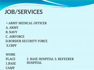 JOB/SERVICES
⚫ARMY MEDICAL OFFICER
A. ARMY
B. NAVY
C. AIRFORCE
D.BORDER SECURITY FORCE
E.CRPF
WORK
PLACE
1.BASE
CAMP
2. BASE HOSPITAL 3. REFEERER
HOSPITAL
 