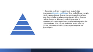 • A energia pode ser representada através das
chamadas pirâmides ecológicas. Uma pirâmide de energia
mostra a quantidade de energia química potencial que
está disponível em cada um dos níveis tróficos de uma
cadeia alimentar. A base da pirâmide sempre é
representada pelos organismos produtores seguidos dos
consumidores. Esse tipo de pirâmide, assim como os
outros, não demonstram os decompositores de um
ecossistema.
 