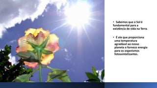 • Sabemos que o Sol é
fundamental para a
existência de vida na Terra.
• É ele que proporciona
uma temperatura
agradável ao nosso
planeta e fornece energia
para os organismos
fotossintetizantes.
 