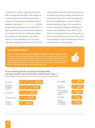 8
“À l’origine, en 2000, il s’agissait surtout d’un
effet de mode mais dès 2004, cette volonté de
vendre en ligne s’est inscrite dans un enjeu
d’image. Une présence en ligne était devenue
obligatoire, témoigne Nathalie Séguinot, DSI du
groupe Kindy (chaussettes.com). Aujourd’hui, en
tant que particulier, nous sommes tous déçus si
nous ne pouvons trouver en ligne les produits
d’une gamme, surtout lorsque nous recher-
chons un produit spécifique qu’on ne trouve
pas dans le magasin proche de chez soi. Un tel
site permet non seulement d’écouler les stocks
d’invendus mais aussi de tester et de lancer de
nouveaux produits. Nous avons l’exemple d’un
produit pour diabétiques : il n’était au départ
commercialisé qu’en ligne. Cela a permis de
mesurer l’accueil des acheteurs potentiels, de
s’assurer de l’adéquation entre l’offre et la de-
mande des consommateurs et, enfin, d’avoir un
retour sur la qualité du produit. Pour finir, ne pas
commercialiser en ligne constitue aujourd’hui un
réel handicap, en termes d’image.”
Le saviez-vous ?
LES 6 152 140 FANS FAcEBOOK DE FERRERO POuSSENT LA MARQuE SuR LE WEB
c’est sous l’impulsion de ses millions de fans sur les réseaux sociaux que Ferrero a créé
sa boutique en ligne, ferreroboutique.com. celle-ci repose en effet sur sa communauté en
ligne, invitée en avant-première à tester la boutique. Les internautes ont, entre autres, la
possibilité de personnaliser leur coffret en s’acquittant de 9 euros de frais de livraison.
Source : KSh consulting, http://kshconsulting.com/blog
47 %
41 %
32 %
32 %
26 %
25 %
24 %
22 %
20 %
18 %
47 %
41 %
47 %
41 %
32 %32 %
32 %
26 %26 %
25 %25 %
24 %
22 %
20 %20 %
18 %18 %
Par email
Par courrierPar courrier
Via des couponsVia des couponsVia des couponsVia des coupons
En magasinEn magasinEn magasin
Par la publicitéPar la publicitéPar la publicité
sur les réseauxsur les réseauxsur les réseauxsur les réseaux
sociauxsociauxsociaux
Par SMSPar SMSPar SMS
Sur lesSur les
emballagesemballagesemballages
des produitsdes produitsdes produitsdes produits
Sur uneSur uneSur une
applicationapplicationapplication
Via desVia desVia des
prospectusprospectusprospectus
Par recom-
mandation
d’un ami
D’une manière générale, les offres promotionnelles
que vous recevez vous incitent-elles à acheter sur le web… ?
Source : Étude Ifop, Generix “Les Français et la consommation cross canal”, septembre 2012
 