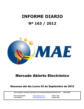 INFORME DIARIO
                        Nº 163 / 2012




    Mercado Abierto Electrónico


Resumen del día Lunes 03 de Septiembre de 2012

  Ante cualquier consulta comunicarse con el Mercado Abierto Electrónico al:   4590-6600

  Mario Angel Digilio          mdigilio@mae.com.ar           Interno 243
  Lucia Martino                lmartino@mae.com.ar           Interno 296
 