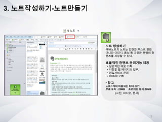3. 노트작성하기-노트만들기
노트 생성하기
에버노트의 노트는 간단한 텍스트 뿐만
아니라 이미지, 음성 등 다양한 유형의 컨
텐츠를 저장할 수 있다.
효율적인 컨텐츠 관리기능 제공
• 일반적인 메모 기록
• 저장할 웹 페이지의 일부,
• 메일서비스 관리
• 아이디어 기록
* 참고
노트 1개에 허용되는 최대 크기
무료 유저 : 25MB 프리미엄 유저:50MB
13
(사진, 비디오, 문서)
 