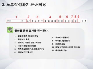 3. 노트작성하기-문서작성
1 2 3 4 5 6 7 8 9
툴바를 통해 글자를 장식한다.
1. 글꼴의 종류 및 크기 조절
2. 글자색의 종류
3. 진하게, 기울임, 밑줄, 취소선
4. 가운데 정렬 등의 정렬
5. 목록화(글머리기호, 번호매기기)
6. 여백늘리기/줄이기
7. 체크박스 만들기
8. 테이블(표) 만들기
9. 가로선 삽입
10. 파일 첨부하기(이미지, 텍스트)
11. 음성녹음 기능
15
 