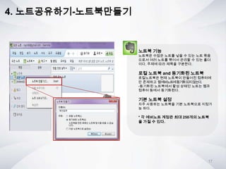 4. 노트공유하기-노트북만들기
노트북 기능
노트북은 수많은 노트를 넣을 수 있는 노트 묶음
으로서 여러 노트를 묶어서 관리할 수 있는 폴더
이다. 주제에 따라 제목을 구분한다.
로컬 노트북 and 동기화된 노트북
로컬노트북은 현재 노트북이 만들어진 컴퓨터에
만 존재하고 웹에버노트에동기화되지않는다.
-동기화된 노트북에서 활성 상태인 노트는 웹과
컴퓨터 등에서 동기화된다.
기본 노트북 설정
자주 사용하는 노트북을 기본 노트북으로 지정가
능 하다.
* 각 에버노트 계정은 최대 250개의 노트북
을 가질 수 있다.
17
 