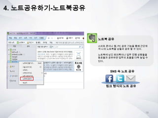 4. 노트공유하기-노트북공유
노트북 공유
스마트 폰이나 웹, PC 공유 기능을 통해 간단하
게 나의 노트북을 남들과 공유 할 수 있다.
노트북에 남긴 회의록이나 업무 진행 상황들을
동료들과 공유하면 업무의 효율을 더욱 높일 수
있다.
SNS 속 노트 공유
링크 형식의 노트 공유
18
 