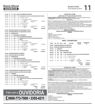 2
5
D E C R E T O N.º 10.549.
“Dispõe sobre a abertura de crédito adicional especial,
autorizada pela Lei n.º 4.004, de 28 de fevereiro de 2013.”
MARIA ANTONIETA DE BRITO, Prefeita Municipal de Guarujá, no uso de suas atribuições legais; e,
Considerando o que consta no processo administrativo n.º 22065/18/2013;
D E C R E T A :
Art. 1.º Fica suplementado ao orçamento corrente, com fundamento na autorização contida no artigo
33 da Lei n.º 4.004, de 28 de fevereiro de 2013, o crédito adicional especial conforme programação cons-
tante do Anexo I deste Decreto, no valor de R$ 65.000,00 (sessenta e cinco mil reais).
Art. 2.º Os recursos para a suplementação do crédito adicional especial de que trata este Decreto serão
provenientes do repasse financeiro por parte da Caixa Econômica Federal, no valor de R$ 65.000,00
(sessenta e cinco mil reais), conformeTermo Aditivo n.º 4 do Contrato de Prestação de Serviços Financei-
ros e outras Avenças n.º 62/2009, firmado em 24/06/2013.
Art. 3.º Este Decreto entra em vigor na data de sua publicação.
Registre-se e publique-se.
Prefeitura Municipal de Guarujá, em 11 de setembro de 2013.
PREFEITA
“ORÇ”/dll
Registrado no Livro Competente
“GAB”, em 11.09.2013
Débora de Lima Lourenço
Pront. n.º 11.901, que o digitei e assino
D E C R E T O N.º 10.546.
“Prorroga o prazo de concessão do subsídio instituído pelo“Programa de Locação Social”, nos
termos da Lei Municipal n.º 3.218, de 14 de junho de 2005, e dá outras providências.”
MARIA ANTONIETA DE BRITO, Prefeita Municipal de Guarujá, no uso de suas atribuições legais;
Considerando a instituição, no âmbito Municipal, do“Programa de Locação Social”destinado a prover
moradias para famílias de baixa renda, nos termos da Lei Municipal n.º 3.218, de 14 de junho de 2005;
Considerando o disposto no artigo 2.º, inciso I, da citada Lei Municipal n.º 3.218, de 14 de junho de 2005;
Considerando a necessidade de se prorrogar o prazo do benefício do Programa de Locação Social de
que tratam os Decretos nos
9.997, de 15 de agosto de 2012, e 10.001, de 21 de agosto de 2012, tendo
em vista, principalmente, que ainda persistem as condições iniciais que ensejaram suas respectivas con-
cessões; e,
Considerando, finalmente, o que consta no processo administrativo n.º 24786/186749/2013;
D E C R E T A:
Art. 1.º Fica prorrogado, por 12 (doze) meses, a partir do vencimento, os subsídios de que trata o Decre-
to n.o
8.871, 8.872, 8.873 e 8.874, todos de 26 de fevereiro de 2010, prorrogados pelos Decretos nºs
9.035,
de 10 de setembro de 2010, 9.069, de 08 de outubro de 2010, 9.554, 9.555 e 9.556, de 14 de setembro de
2011, e 9.997, de 15 de agosto de 2012, assim como, o Decreto n.o
10.001, de 21 de agosto de 2012, às
famílias nominadas através de seus representantes no Anexo Único, deste Decreto.
Art. 2.º Ficam mantidas todas as demais condições estabelecidas no respectivo ato concessivo.
Art. 3.º As despesas decorrentes da execução deste Decreto correrão por conta da seguinte dotação
orçamentária: 26.01.16.482.1005.1.074.3.3.90.36.00 (3126).
Art. 4.º Este Decreto entra em vigor na data de sua publicação.
Art. 5.º Revogam-se as disposições em contrário.
Prefeitura Municipal de Guarujá, em 10 de setembro de 2013.
PREFEITA
“SERIN”/rdl
Registrado no Livro Competente
“GAB”, em 10.09.2013
Renata Disaró Lacerda
Pront. n.º 11.130, que o digitei e assino
Fale com a Ouvidoria
0800-773-7000 • 3355-4211
quinta-feira
12 de setembro de 2013
11GUARUJÁ
Diário Oficial
 