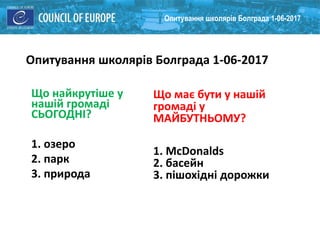 Опитування школярів Болграда 1-06-2017
Що найкрутіше у
нашій громаді
СЬОГОДНІ?
1. озеро
2. парк
3. природа
Що має бути у нашій
громаді у
МАЙБУТНЬОМУ?
1. McDonalds
2. басейн
3. пішохідні дорожки
Опитування школярів Болграда 1-06-2017
 