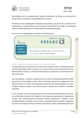 Ministerio de Fomento.
            S. E. de Infraestructuras,
            Transporte y Vivienda
                                                                            PITVI
                                                                           2012 – 2024

metropolitana en los correspondientes ámbitos territoriales, constituye una aportación de
primer orden a la eficiencia y sostenibilidad de los mismos.

Por último, en este subprograma se abordan las actuaciones que, dentro de su referido marco
competencial, se pueden plantear para el apoyo al desarrollo de los modos no motorizados,
aspecto también importante en el desarrollo de la movilidad sostenible.

En resumen, los subprogramas contenidos en este bloque son:


                                                                                                II




4.1.6.1 Concertación y coordinación con otras administraciones
Para garantizar que las actuaciones en materia de transporte urbano y metropolitano que
se desarrollen desde la AGE se inscriban en un marco coherente con la planificación de las
administraciones locales, se continuará fomentando la coordinación y concertación entre
administraciones.

Con este objetivo, se avalará la elaboración de los Planes de Movilidad Sostenible (PMS)
por parte de las Autoridades Locales, como instrumento necesario de colaboración entre
administraciones en materia de planificación y fomento del transporte público, así como
cualquier medida de apoyo a las infraestructuras y servicios que impulsen la movilidad
sostenible.
                                                                                                Programas de actuación




En este sentido, se prevé una potenciación de la participación del Ministerio de Fomento
en los diferentes Consorcios de Transporte, como órganos de participación y colaboración
creados entre administraciones territoriales (estatal, autonómicas y locales) y otras
entidades públicas o privadas. De este modo, se pretende mejorar la gestión y regulación
de todos los transportes públicos colectivos (interurbano, urbano, metropolitano) de cada



PITVI. II. Plan de Infraestructuras y Transporte                                      II.125
26 de septiembre de 2012
 
