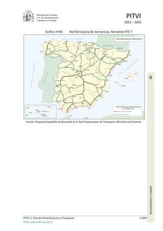 Ministerio de Fomento.
            S. E. de Infraestructuras,
            Transporte y Vivienda
                                                                                        PITVI
                                                                                       2012 – 2024

                      Gráfico nº39.        Red ferroviaria de mercancías. Horizonte RTE-T




                                                                                                              II




  Fuente: Propuesta Española de desarrollo de la Red Transeuropea de Transporte. Ministerio de Fomento




                                                                                                              Actuaciones y mapas




PITVI. II. Plan de Infraestructuras y Transporte                                                    II.249
26 de septiembre de 2012
 