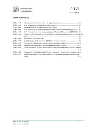 Ministerio de Fomento.
             S. E. de Infraestructuras,
             Transporte y Vivienda
                                                                                                                                      PITVI
                                                                                                                                   2012 – 2024

ÍNDICE DE GRÁFICOS

Gráfico nº40.      Transacciones de viviendas nuevas y de segunda mano...................................................... III.2
Gráfico nº41.      Nº de transacciones inmobiliarias de suelo urbano ............................................................. III.3
Gráfico nº42.      Precio medio del m2 de suelo urbano transaccionado ........................................................ III.3
Gráfico nº43.      Nº de viviendas libres iniciadas y protegidas calificadas provisionalmente (2000-2011) .... III.4
Gráfico nº44.      Nº de viviendas libres terminadas y protegidas calificadas definitivamente (2000-2011) .. III.5
Gráfico nº45.      Total del crédito relacionado con las actividades inmobiliarias de las entidades de crédito (1992-
                   2012) .................................................................................................................................... III.6
Gráfico nº46.      Precio del m2 de la vivienda libre ........................................................................................ III.8
Gráfico nº47.      Ajuste de precios desde el máximo (2008Q1) en términos nominales ................................ III.8
Gráfico nº48.      Porcentaje de población que reside en régimen de alquiler en 2010. ............................... III.10
Gráfico nº49.      Presupuesto de Obra Nueva y de Reforma y Rehabilitación 2000-2011 ........................... III.15
Gráfico nº50.      Tasa de crecimiento anual del PIB en términos reales para los diferentes escenarios del PITVI
                    ........................................................................................................................................... III.40
Gráfico nº51.      Presupuestos Generales del Estado: “Acceso a la vivienda y fomento de la edificación ... III.41
Gráfico nº52.      Inversión residencial en relación al PIB y gasto en vivienda en Presupuestos Generales del
                   Estado ................................................................................................................................. III.41




PITVI. III. Plan de Vivienda                                                                                                                            iii
26 de septiembre de 2012
 