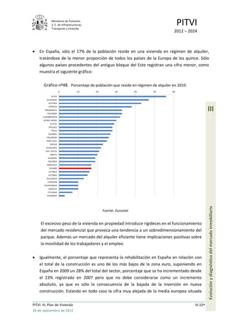 Ministerio de Fomento.
              S. E. de Infraestructuras,
              Transporte y Vivienda
                                                                                   PITVI
                                                                               2012 – 2024



    En España, sólo el 17% de la población reside en una vivienda en régimen de alquiler,
    tratándose de la menor proporción de todos los países de la Europa de los quince. Sólo
    algunos países procedentes del antiguo bloque del Este registran una cifra menor, como
    muestra el siguiente gráfico:

       Gráfico nº48. Porcentaje de población que reside en régimen de alquiler en 2010.
                      0            10      20          30          40   50    60
             SUIZA
         ALEMANIA
           AUSTRIA
           FRANCIA
        DINAMARCA
          HOLANDA
                                                                                                    III
       LUXEMBURGO
       REINO UNIDO
            SUECIA
           BÉLGICA
             ITALIA
           IRLANDA
         FINLANDIA
         PORTUGAL
            GRECIA
         ESLOVENIA
         REP. CHECA
            MALTA
          ISLANDIA
           POLONIA
         NORUEGA
            ESPAÑA
           LETONIA
           ESTONIA
         BULGARIA
          HUNGRÍA
        ESLOVAQUIA
           CROACIA
          LITUANIA
          RUMANÍA




                                                Fuente: Eurostat                                    Evolución y diagnóstico del mercado inmobiliario

     El excesivo peso de la vivienda en propiedad introduce rigideces en el funcionamiento
     del mercado residencial que provoca una tendencia a un sobredimensionamiento del
     parque. Además un mercado del alquiler eficiente tiene implicaciones positivas sobre
     la movilidad de los trabajadores y el empleo.

    Igualmente, el porcentaje que representa la rehabilitación en España en relación con
    el total de la construcción es uno de los más bajos de la zona euro, suponiendo en
    España en 2009 un 28% del total del sector, porcentaje que se ha incrementado desde
    el 23% registrado en 2007 pero que no debe considerarse como un incremento
    absoluto, ya que es sólo la consecuencia de la bajada de la inversión en nueva
    construcción. Estando en todo caso la cifra muy alejada de la media europea situada

PITVI. III. Plan de Vivienda                                                              III.10
26 de septiembre de 2012
 