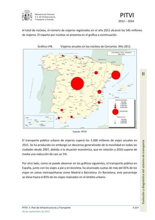 Ministerio de Fomento.
            S. E. de Infraestructuras,
            Transporte y Vivienda
                                                                                       PITVI
                                                                                      2012 – 2024

el total de núcleos, el número de viajeros registrados en el año 2011 alcanzó los 545 millones
de viajeros. El reparto por núcleos se presenta en el gráfico a continuación.


               Gráfico nº8.              Viajeros anuales en los núcleos de Cercanías. Año 2011.




                                                                                                            II




                                                   Fuente: PITVI


El transporte público urbano de viajeros superó los 3.300 millones de viajes anuales en
2011. Se ha producido sin embargo un descenso generalizado de la movilidad en todas las                     Evolución y diagnóstico del sistema de transporte
ciudades desde 2007, debido a la situación económica, que en relación a 2010 supone de
media una reducción de casi un 5%.

Por otro lado, como se puede observar en los gráficos siguientes, el transporte público en
España, junto con los viajes a pie y en bicicleta, ha alcanzado cuotas de más del 65% de los
viajes en zonas metropolitanas como Madrid o Barcelona. En Barcelona, este porcentaje
se eleva hasta el 85% de los viajes realizados en el ámbito urbano.




PITVI. II. Plan de Infraestructuras y Transporte                                                   II.15
26 de septiembre de 2012
 