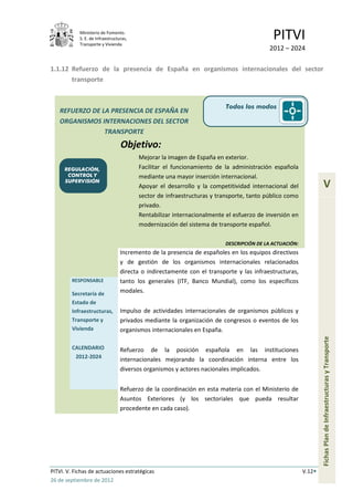 Ministerio de Fomento.
            S. E. de Infraestructuras,
            Transporte y Vivienda
                                                                                           PITVI
                                                                                         2012 – 2024

1.1.12 Refuerzo de la presencia de España en organismos internacionales del sector
       transporte


                                                                         Todos los modos
   REFUERZO DE LA PRESENCIA DE ESPAÑA EN
   ORGANISMOS INTERNACIONES DEL SECTOR
                TRANSPORTE
                                  Objetivo:
                                         Mejorar la imagen de España en exterior.
      REGULACIÓN,                        Facilitar el funcionamiento de la administración española
       CONTROL Y                         mediante una mayor inserción internacional.
      SUPERVISIÓN
                                         Apoyar el desarrollo y la competitividad internacional del               V
                                         sector de infraestructuras y transporte, tanto público como
                                         privado.
                                         Rentabilizar internacionalmente el esfuerzo de inversión en
                                         modernización del sistema de transporte español.

                                                                         DESCRIPCIÓN DE LA ACTUACIÓN:
                                  Incremento de la presencia de españoles en los equipos directivos
                                  y de gestión de los organismos internacionales relacionados
                                  directa o indirectamente con el transporte y las infraestructuras,
         RESPONSABLE              tanto los generales (ITF, Banco Mundial), como los específicos
         Secretaría de            modales.
         Estado de
         Infraestructuras,        Impulso de actividades internacionales de organismos públicos y
         Transporte y             privados mediante la organización de congresos o eventos de los
         Vivienda                 organismos internacionales en España.                                         Fichas Plan de Infraestructuras y Transporte

         CALENDARIO               Refuerzo de la posición española en las instituciones
          2012-2024
                                  internacionales mejorando la coordinación interna entre los
                                  diversos organismos y actores nacionales implicados.


                                  Refuerzo de la coordinación en esta materia con el Ministerio de
                                  Asuntos Exteriores (y los sectoriales que pueda resultar
                                  procedente en cada caso).




PITVI. V. Fichas de actuaciones estratégicas                                                            V.12
26 de septiembre de 2012
 