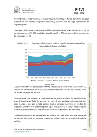 Ministerio de Fomento.
            S. E. de Infraestructuras,
            Transporte y Vivienda
                                                                                                              PITVI
                                                                                                          2012 – 2024

Madrid (rutas de larga distancia, operadas mayoritariamente por Iberia), Barcelona, Zaragoza
y Vitoria (los dos últimos aeropuertos están muy especializados en carga transportada en
cargueros puros).

La cifra de tráfico de carga alcanzada en 2011 en toda la Red de AENA (Gráfico nº13) fue de
aproximadamente 672.000 toneladas. Madrid aportó el 59% de este tráfico, seguido por
Barcelona con el 14%.


     Gráfico nº13.             Evolución tráfico de carga en los principales aeropuertos españoles
                                        (acumulado) (miles de toneladas)                                                     II
                 800

                 700

                 600

                 500

                 400

                 300

                 200

                 100

                    0
                     2000    2001    2002   2003   2004   2005   2006     2007    2008   2009   2010   2011

                                Madrid      Barcelona     Zaragoza      Vitoria    Resto Red AENA

                                                        Fuente: AENA
La evolución del tráfico desde el año 2000 ha sido estable, manteniéndose casi constante,
salvo en los últimos años. En el año 2009 descendió el tráfico un 10%, para volver a subir                                   Evolución y diagnóstico del sistema de transporte
un 16% en 2010 y un 3% en 2011.

La carga aérea está sometida a condicionantes que exigen medidas de seguridad ante
actos de interferencia ilícita (terrorismo, etc.) más estrictas que la carga transportada por
otros medios, lo que por un lado obliga a realizar costosas inversiones en medios de
inspección y control de la cadena logística, y por otro, aumenta el tiempo necesario para
su revisión, encareciendo por ambas circunstancias los costes finales del transporte.

La normativa española de aviación civil en materia de carga aérea aplica la normativa
europea de referencia, sin aumentar requisitos u obligaciones a los agentes de la cadena
logística.



PITVI. II. Plan de Infraestructuras y Transporte                                                                    II.21
26 de septiembre de 2012
 