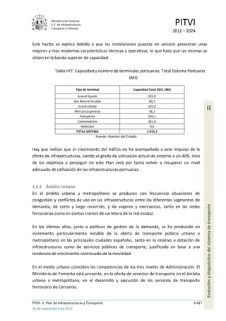 Ministerio de Fomento.
            S. E. de Infraestructuras,
            Transporte y Vivienda
                                                                                                  PITVI
                                                                                                 2012 – 2024

Este hecho se explica debido a que las instalaciones puestas en servicio presentan unas
mejores y más modernas características técnicas y operativas, lo que hace que las mismas se
sitúen en la banda superior de capacidad.

               Tabla nº7. Capacidad y número de terminales portuarias. Total Sistema Portuario
                                                     (Mt)

                                 Tipo de terminal                    Capacidad Total 2011 (Mt)
                                 Granel líquido                                255,0
                               Gas Natural licuado                             60,7
                                 Granel sólido
                               Mercancía general
                                                                               202,9
                                                                               36,1
                                                                                                                    II
                                   Polivalente                                 109,1
                                 Contenedores                                  341,8
                                    Vehículos                                   9,6
                                TOTAL SISTEMA                                 1.015,2
                                              Fuente: Puertos del Estado


Hay que indicar que el crecimiento del tráfico no ha acompañado a este impulso de la
oferta de infraestructuras, siendo el grado de utilización actual de entorno a un 40%. Uno
de los objetivos a perseguir en este Plan será por tanto volver a recuperar un nivel
adecuado de utilización de las infraestructuras portuarias.


1.3.5 Ámbito Urbano
En el ámbito urbano y metropolitano se producen con frecuencia situaciones de
congestión y conflictos de uso en las infraestructuras entre los diferentes segmentos de

                                                                                                                    Evolución y diagnóstico del sistema de transporte
demanda, de corto y largo recorrido, y de viajeros y mercancías, tanto en las redes
ferroviarias como en ciertos tramos de carretera de la red estatal.

En los últimos años, junto a políticas de gestión de la demanda, se ha producido un
incremento particularmente notable de la oferta de transporte público urbano y
metropolitano en las principales ciudades españolas, tanto en lo relativo a dotación de
infraestructuras como de servicios públicos de transporte, justificado en base a una
tendencia de crecimiento continuado de la movilidad.

En el medio urbano coinciden las competencias de los tres niveles de Administración. El
Ministerio de Fomento está presente, en la oferta de servicios de transporte en el ámbito
urbano y metropolitano, en el desarrollo y ejecución de los servicios de transporte
ferroviario de Cercanías.


PITVI. II. Plan de Infraestructuras y Transporte                                                           II.41
26 de septiembre de 2012
 