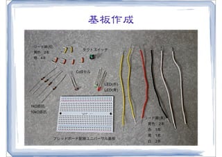 基板作成

 リード線(短)
                 タクトスイッチ
 黄色 2本
 橙 4本



               CdSセル


                       LED(赤)
                       LED(青)



1kΩ抵抗
10kΩ抵抗
                                リード線(長)
                                 黄色 2本
                                 赤 1本
                                 黒 1本
         プレッドボード配線ユニバーサル基板                18
                                 白 2本
 