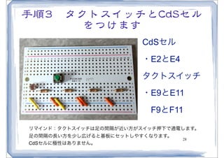 手順33　タクトスイッチとCCddSSセル
       をつけます
                       CdSセル

                       ・E2とE4

                       タクトスイッチ
                       ・E9とE11

                        F9とF11

リマインド：タクトスイッチは足の間隔が近い方がスイッチ押下で通電します。
足の間隔の長い方を少し広げると基板にセットしやすくなります。
                                 28
CdSセルに極性はありません。
 