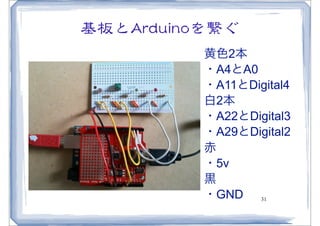 基板とAArrdduuiinnooを繋ぐ
               黄色2本
               ・A4とA0
               ・A11とDigital4
               白2本
               ・A22とDigital3
               ・A29とDigital2
               赤
               ・5v
               黒
               ・GND 31
 