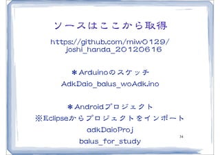 ソースはここから取得
     hhttttppss::////ggiitthhuubb..ccoomm//mmiiww00112299//
            jjoosshhii__hhaannddaa__2200112200661166

            ＊AArrdduuiinnooのスケッチ
         AAddkkDDaaiioo__bbaalluuss__wwooAAddkk..iinnoo

              ＊AAnnddrrooiiddプロジェクト
※EEcclliippsseeからプロジェクトをインポート
                    aaddkkDDaaiiooPPrroojj
                                                34
                 bbaalluuss__ffoorr__ssttuuddyy
 