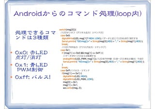 AAnnddrrooiiddからのコマンド処理((lloooopp内))

     処理できるコマ
     ンドは33種類

l   00xx00::  赤LLEEDD
     点灯//消灯
l   00xx11::  青LLEEDD
       PPWWMM制御
l   00xxffff::  バルス!!
 